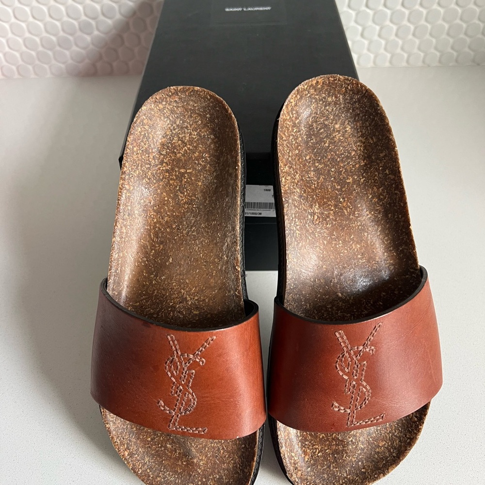 Saint Laurent Jimmy embroidered logo, YSL brown leather slide sandals